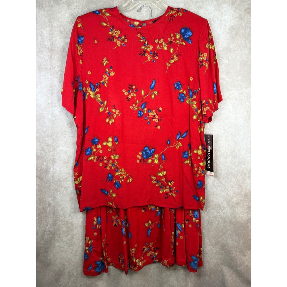 NWT Sag Harbor Skirt Set Women 1X Red Floral Rayon Short Sleeve Top Midi Skirt